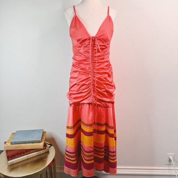 Veronica Beard Fitz Midi Dress Pink Ruched Drop Waist Size 6 Boho Colorful - Picture 1 of 14